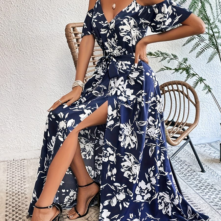 Floral Print Cold Shoulder Belted Dress, Elegant Split Sleeveless Aline Dress For , Women’s Clothing Clothing Shop Online at Dubai Trades 2
