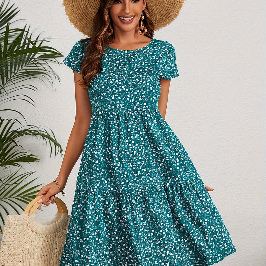 Floral Print Crew Neck Dress, Vintage Short Sleeve Dress For , Women’s Clothing Clothing Shop Online at Dubai Trades 2