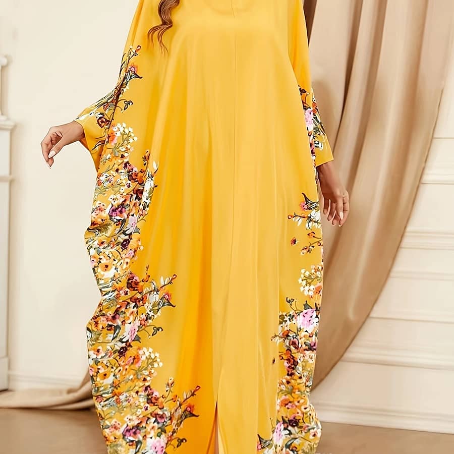 Floral Print Crew Neck Kaftan Abaya, Elegant Batwing Sleeve Split Maxi Dress, Women’s Clothing Abayas Shop Online at Dubai Trades 2