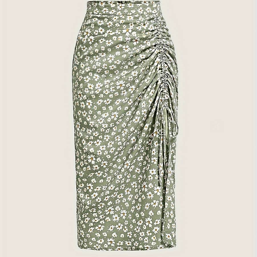 Floral Print Drawstring Ruched Skirt, Elegant High Waist Midi Skirt For , Women’s Clothing Clothing Shop Online at Dubai Trades 2