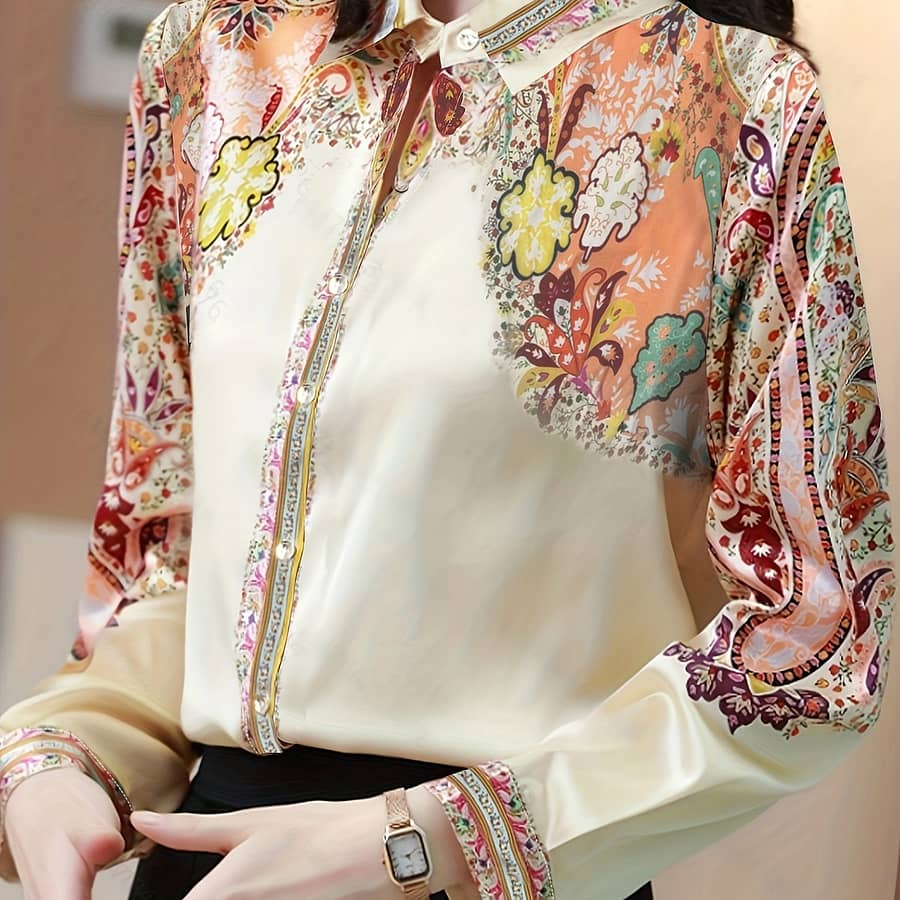 Floral Print Flat Collar Shirt, Vintage Long Sleeve Button Up Shirt For Spring & Fall, Women’s Clothing Blouses Shop Online at Dubai Trades 2