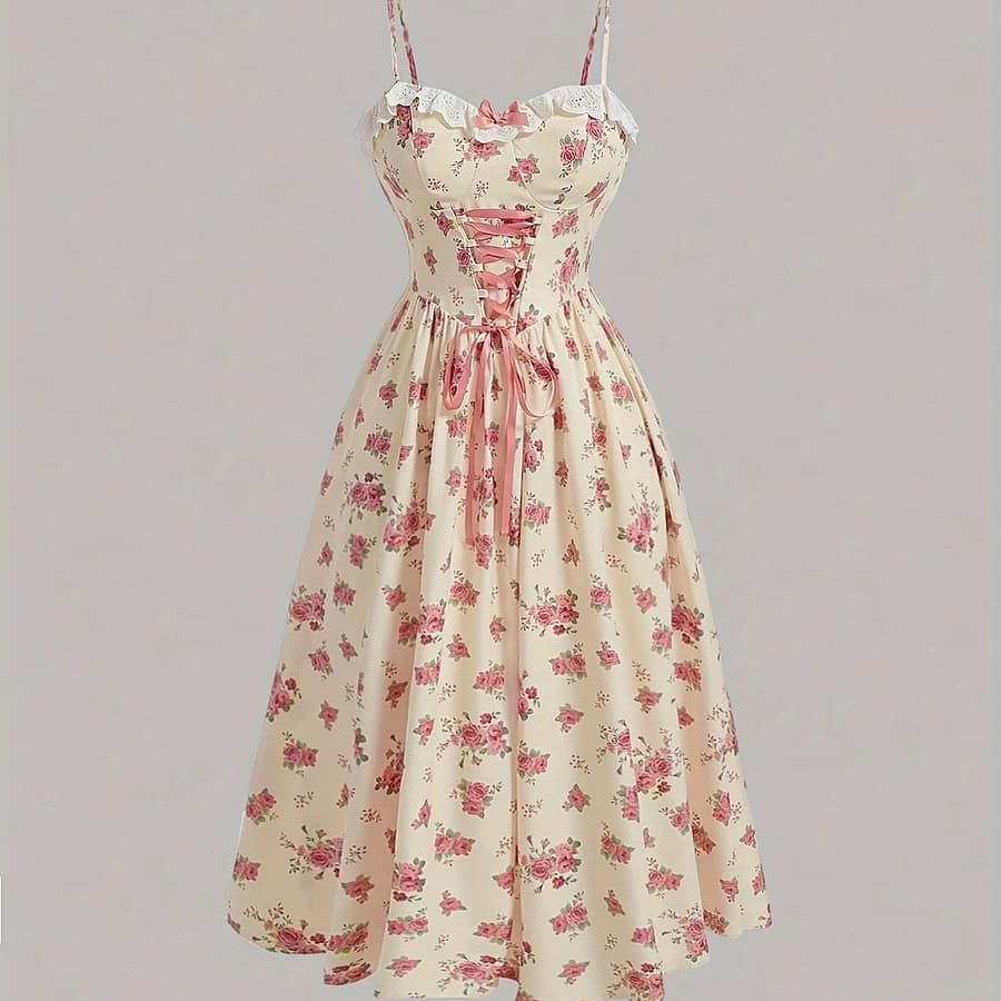 Floral Print Lace Trim Spaghetti Strap Dress, Elegant Tie Waist Sleeveless Cami Dress For , Women’s Clothing Clothing Shop Online at Dubai Trades 2