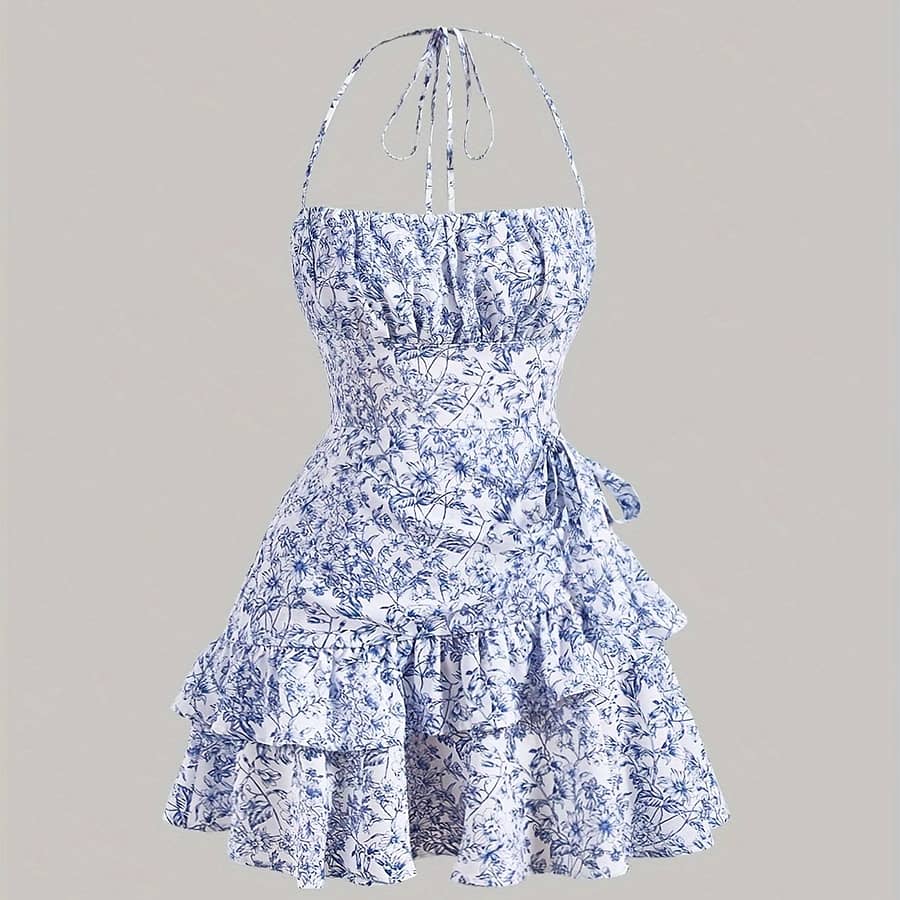 Floral Print Layered Ruffle Hem Halter Dress, Elegant Sleeveless Dress For , Women’s Clothing Clothing Shop Online at Dubai Trades 2