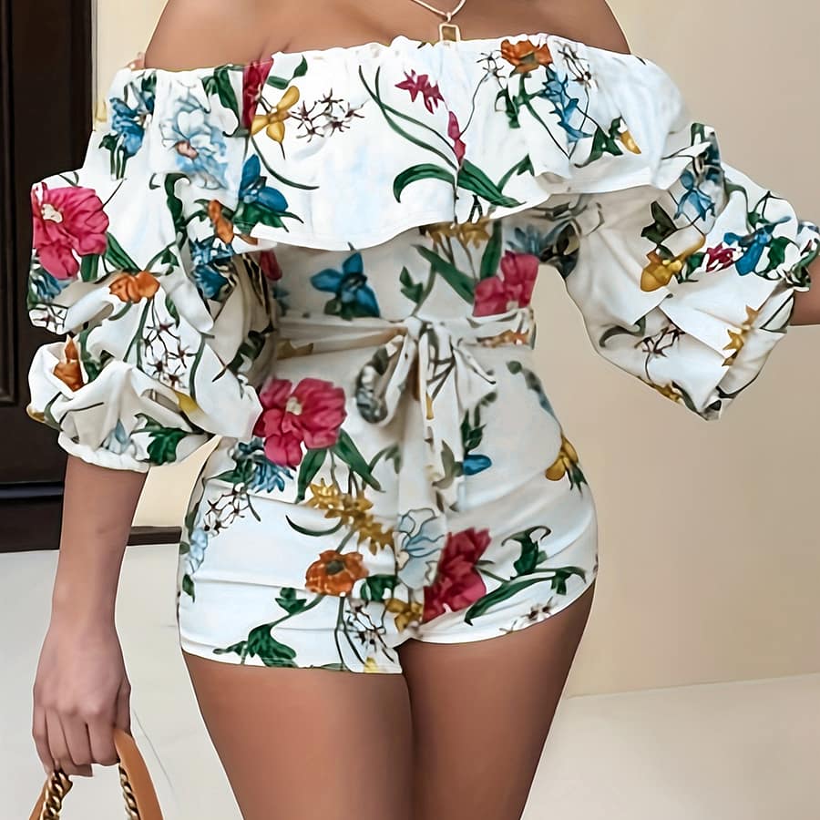 Floral Print Off Shoulder Romper Jumpsuit, Elegant Backless Tie Waist Ruffle Trim Skinny Romper Jumpsuit, Women’s Clothing Clothing Shop Online at Dubai Trades 2