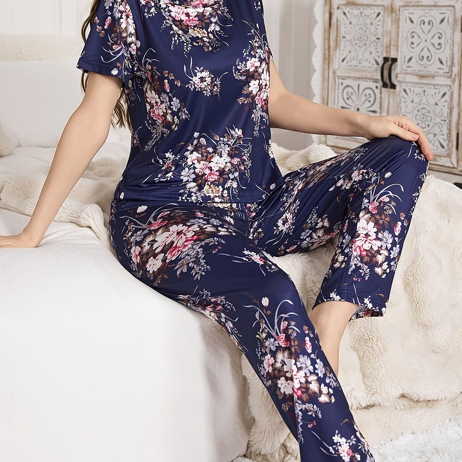Floral Print Pajama Set, Casual Short Sleeve Round Neck Top & Elastic Pants, Women’s Sleepwear Clothing Shop Online at Dubai Trades 2