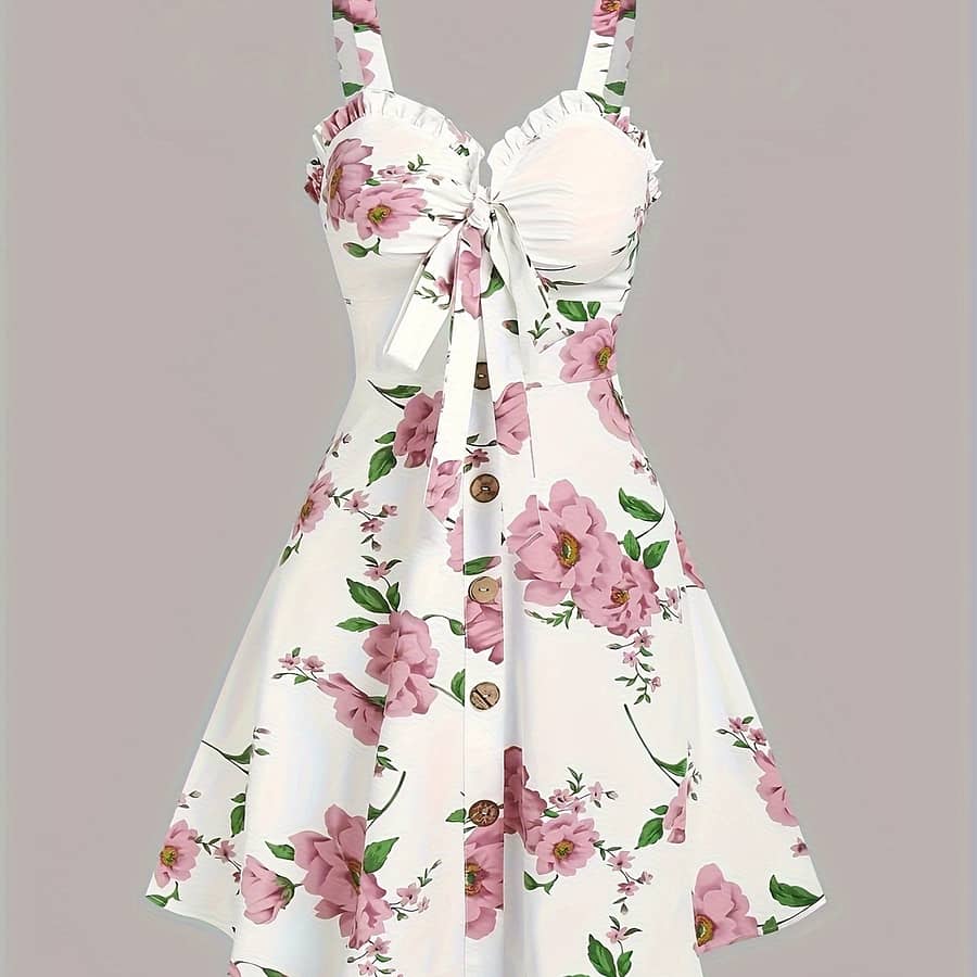 Floral Print Ruffle Trim Dress, Elegant Button Front Aline Ruched Dress For , Women’s Clothing Clothing Shop Online at Dubai Trades 2