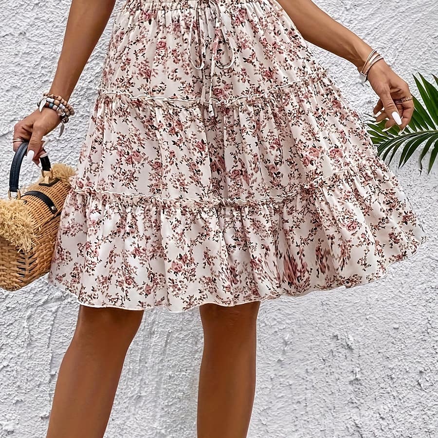 Floral Print Waist Skirt, Elegant Tiered Knee Length A-line Skirt For , Women’s Clothing Clothing Shop Online at Dubai Trades 2