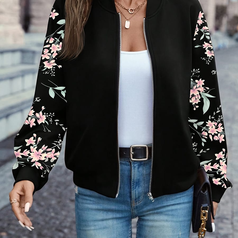 Floral Print Zip Up Jacket, Elegant Long Sleeve Baseball Collar Jacket For Spring & Fall, Women’s Clothing Casual Jackets Shop Online at Dubai Trades 2