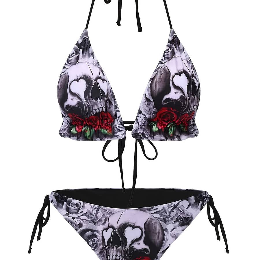 Floral Skull Print Bikini Set, High Stretch Polyester And Spandex Knit Fabric, Strapless Lace-up Swimwear, 82% Polyester 18% Spandex, 200g/m² Weight, Beachwear For Women Bikinis Shop Online at Dubai Trades 2