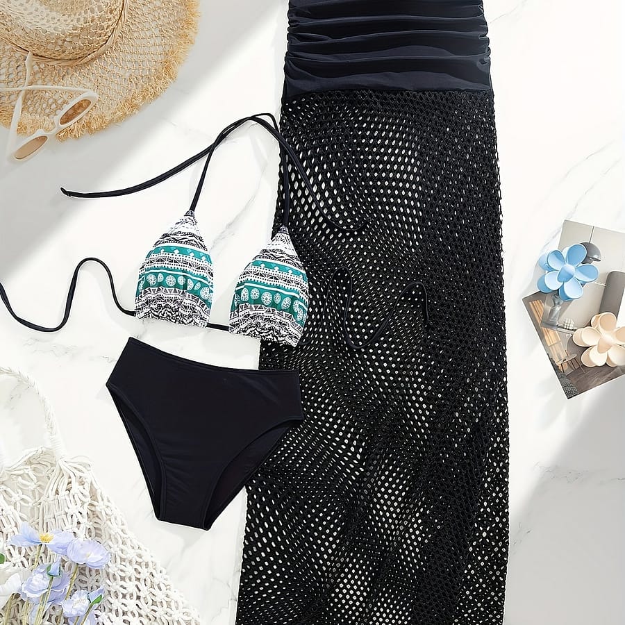 Geometric Print Triangle Halter Tie Strap Backless Bikini With Hollow Out Cover Up Skirt 3 Piece Set Swimsuits, Women’s Swimwear & Clothing Bikinis Shop Online at Dubai Trades 2