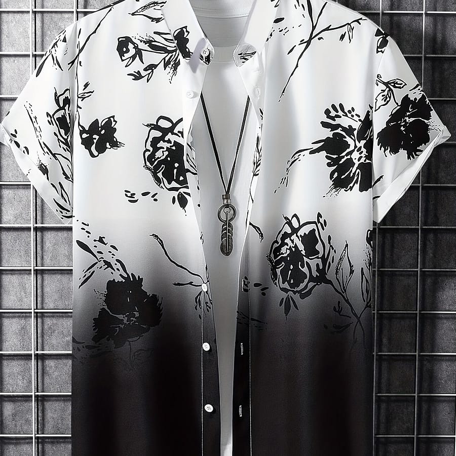 Gradient Pattern Men’s Short Sleeve Button Up Lapel Shirt For Holiday, Hawaiian Style Button-Down Shirts Shop Online at Dubai Trades 2