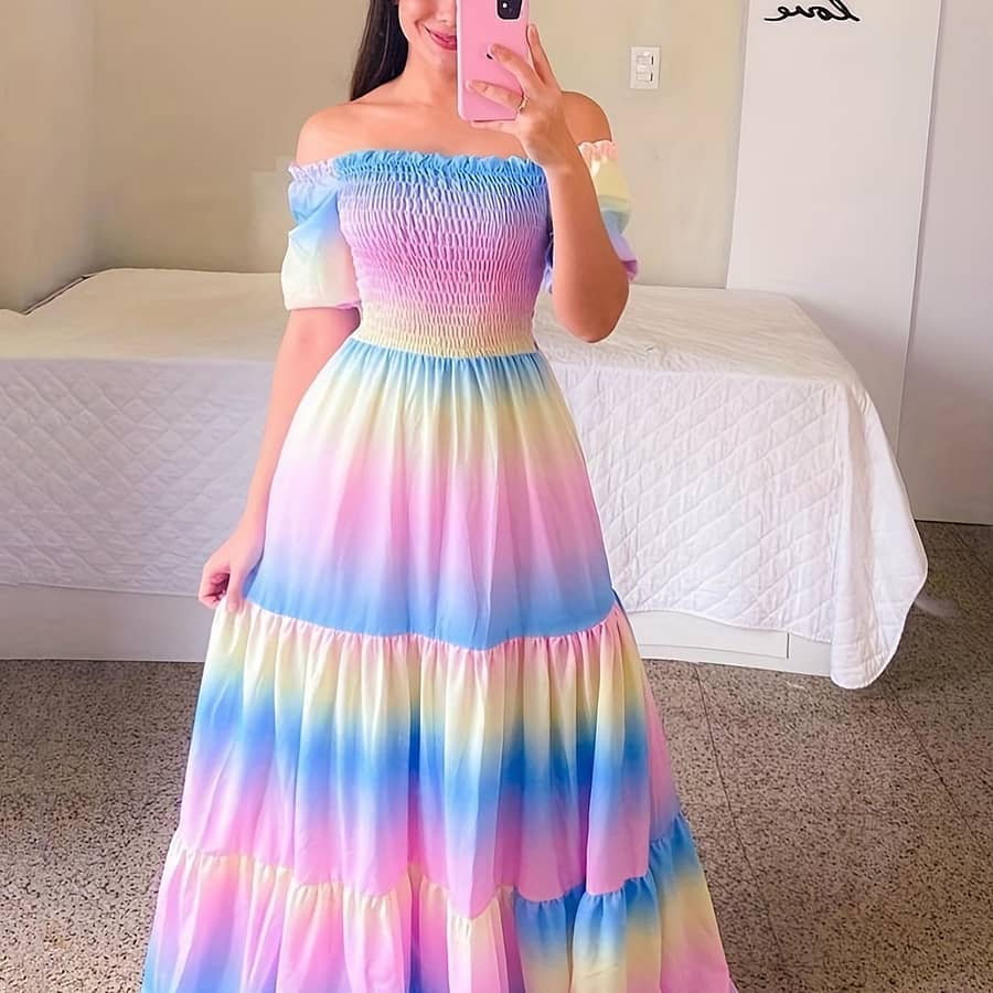 Gradient Print Tiered Dress, Casual Off Shoulder Shirred Party Dress, Women’s Clothing Clothing Shop Online at Dubai Trades 2