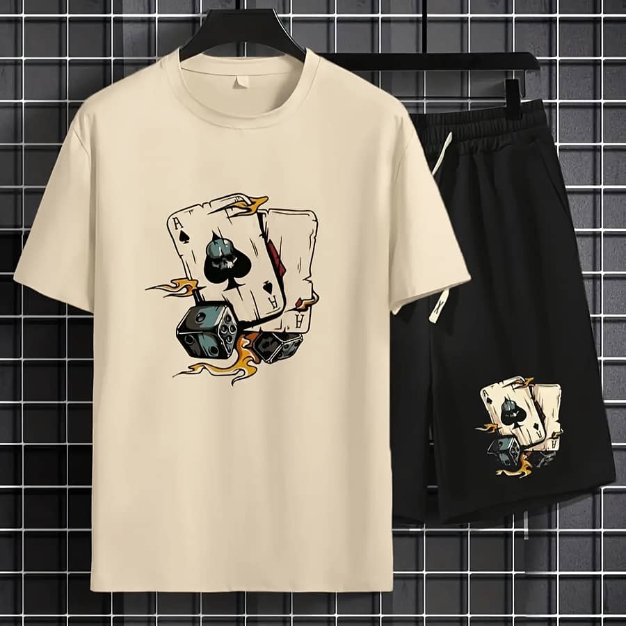 Graphic Print Men’ Piece Set, Short Sleeve T-shirt & Drawstring Shorts For Summer, Casual Comfy Versatile Outfits For Outdoor Sports Active Shop Online at Dubai Trades 2