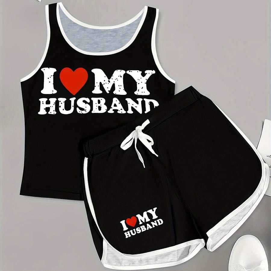 Heart Print Drawstring Contrast Trim Two-piece Set, Casual Sleeveless Tank Top & Shorts Outfits, Women’s Clothing Clothing Shop Online at Dubai Trades 2