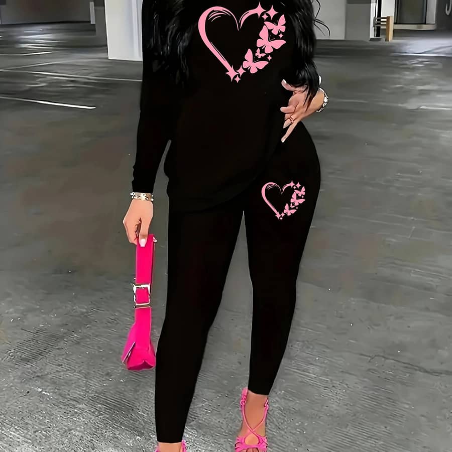 Heart Print Matching Two-piece Set, Casual Long Sleeve T-shirt & Skinny Pants Outfits, Women’s Clothing Clothing Shop Online at Dubai Trades 2