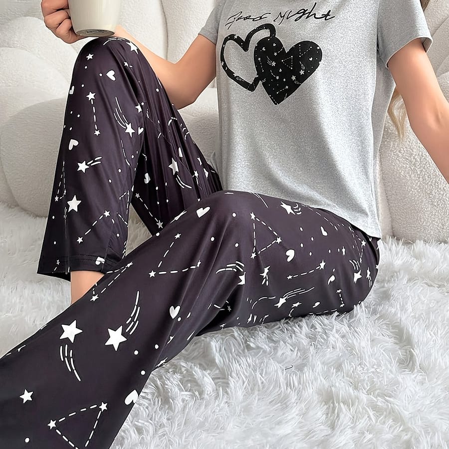 Heart & Star & Letter Print Pajama Set, Casual Short Sleeve Round Neck Top & Elastic Pants, Women’s Sleepwear Clothing Shop Online at Dubai Trades 2