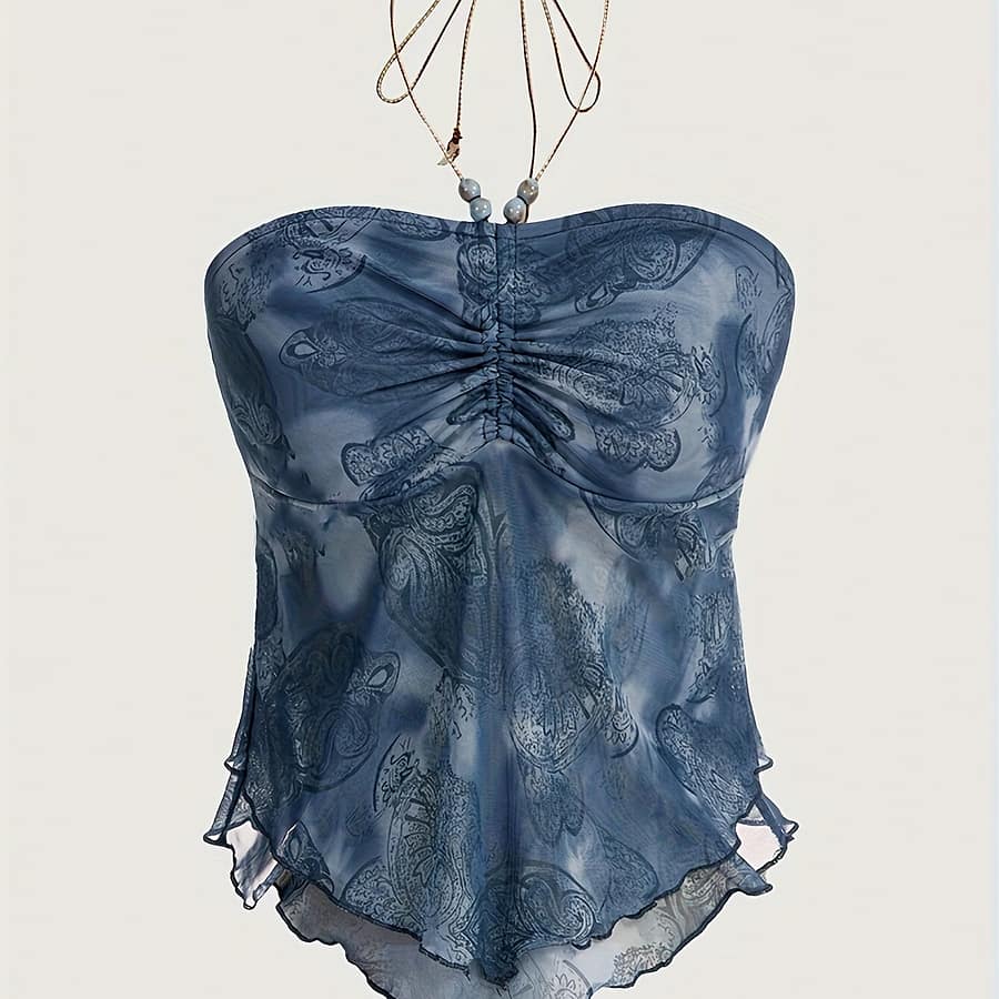 Hippie Mermaid Tie-dye Ruched Halter Top, Off-shoulder Neckline, High Stretch Polyester And Spandex , Machine Washable Clothing Shop Online at Dubai Trades 2