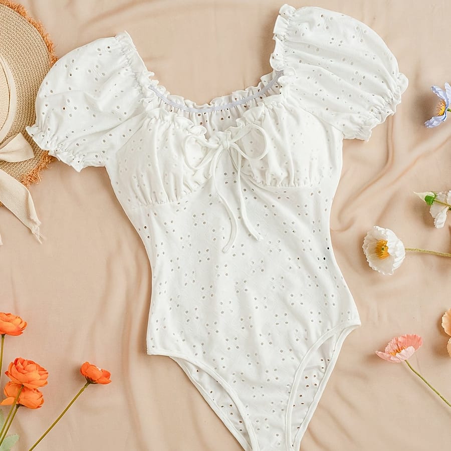Hollow Lettuce Trim Tie Front Bodysuit, Sexy Sleeve Bodysuit For , Women’s Clothing Bodysuits Shop Online at Dubai Trades 2