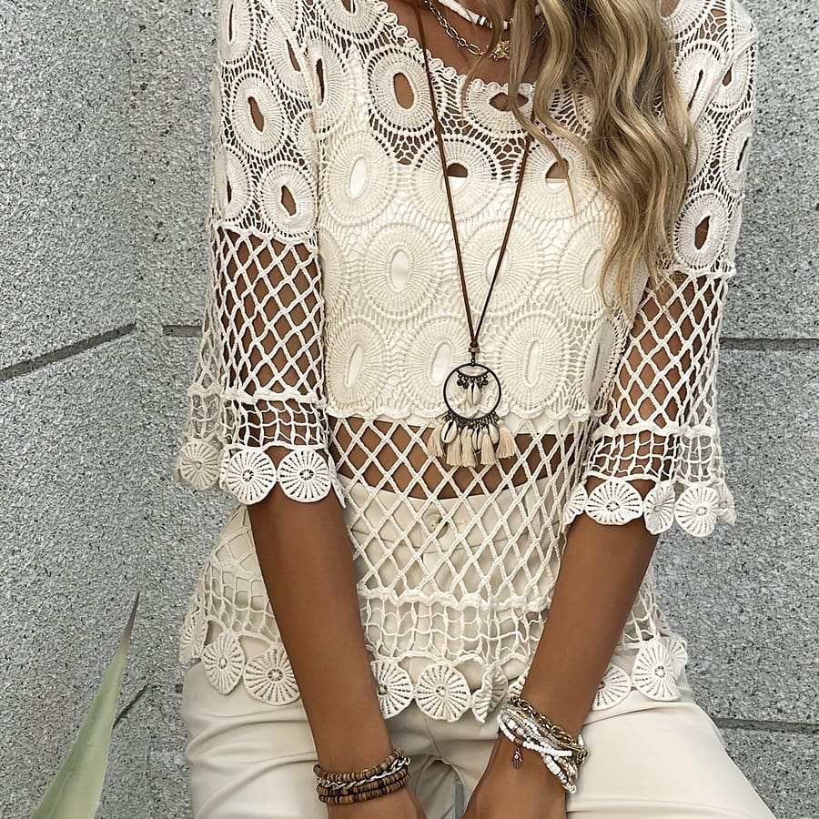 Hollow Out Crochet Pullover Top, Crew Neck Half Sleeve Top For , Women’s Clothing Clothing Shop Online at Dubai Trades 2