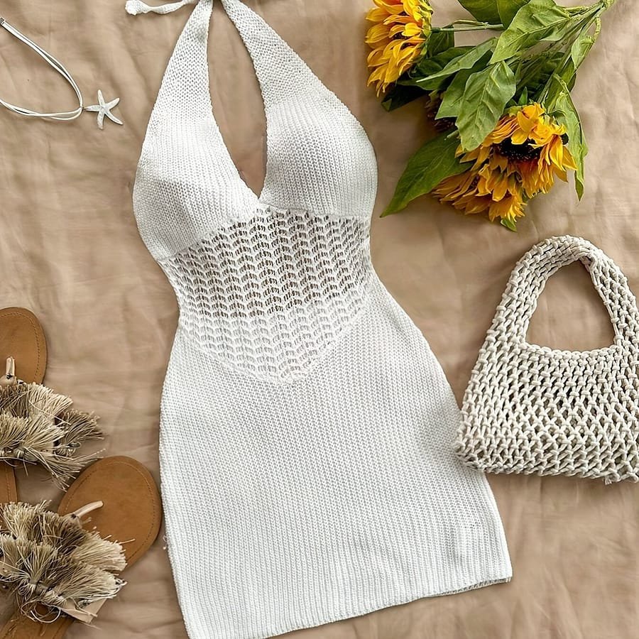 Hollow Out Knitted Plain White Halter Tie Neck Backless Up Dress, Women’s Swimwear & Clothing Clothing Shop Online at Dubai Trades 2