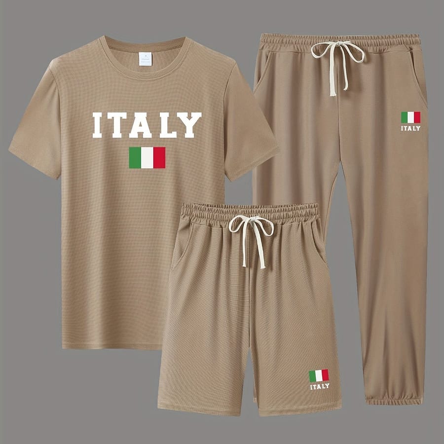 Italy Men’s 3-piece Casual Sports Set, Short Sleeve Round Neck T-shirt And Shorts And Pants Set, Breathable Summer Clothing Active Shop Online at Dubai Trades 2