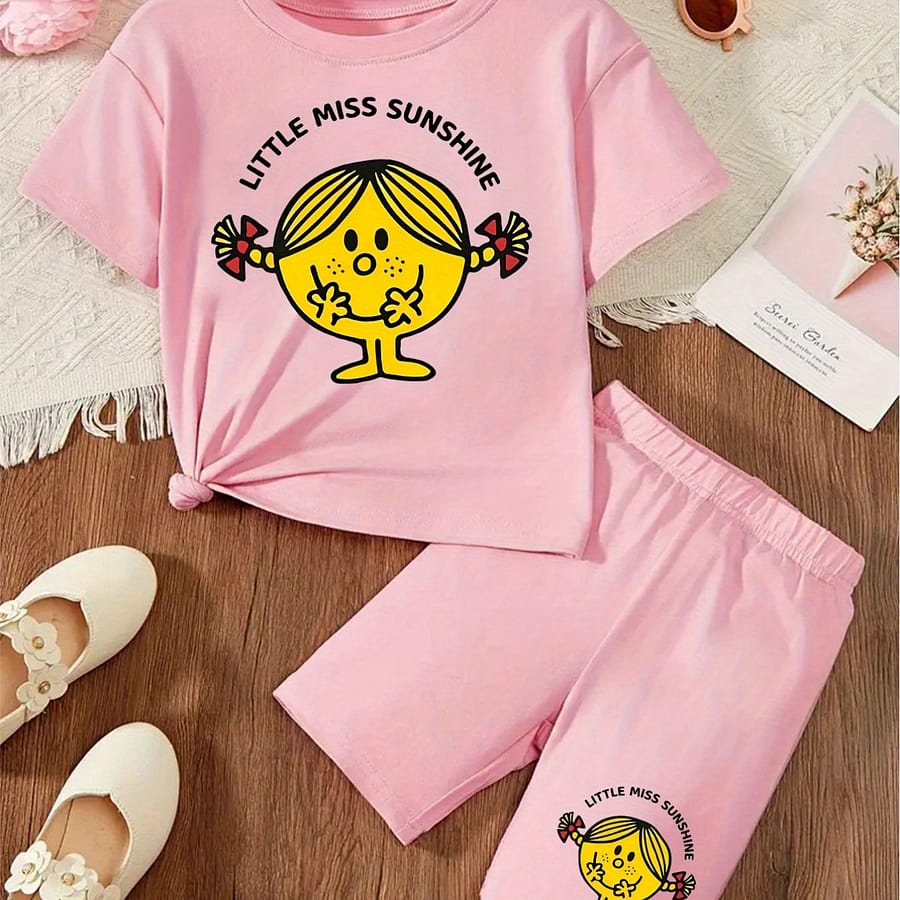Kids Cartoon Print Short Sleeve T-shirt And Shorts Set, Casual Summer Outfit For Girls, Polyester Knit Fabric With Slight Stretch, Regular Fit, 1-8, For Outdoor Clothing Shop Online at Dubai Trades 2