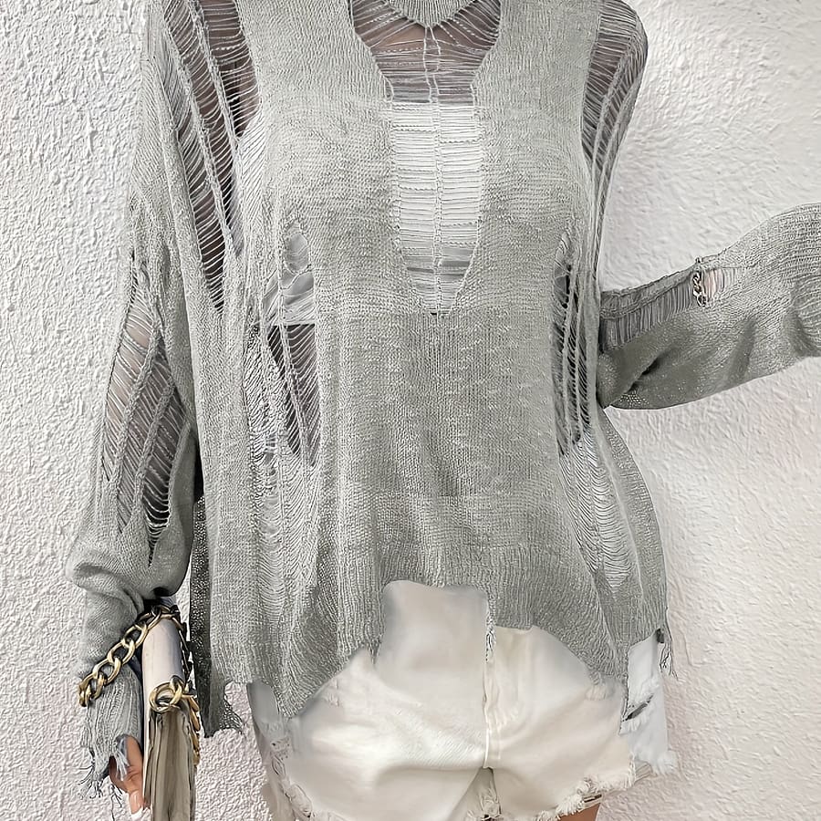 Knitted Shoulder Drop Sweater With Holes Clothing Shop Online at Dubai Trades 2