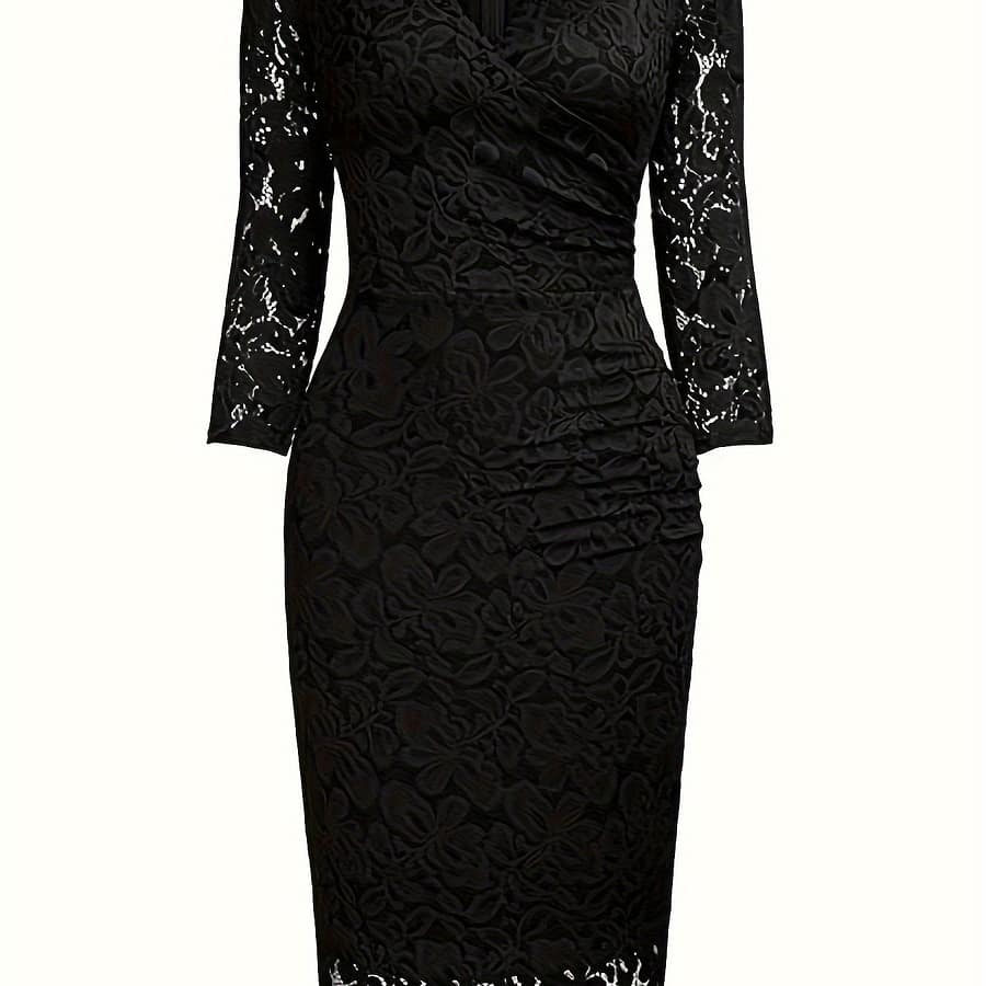 Lace Contrast V-neck -sleeve Mid-long Dress Clothing Shop Online at Dubai Trades 2