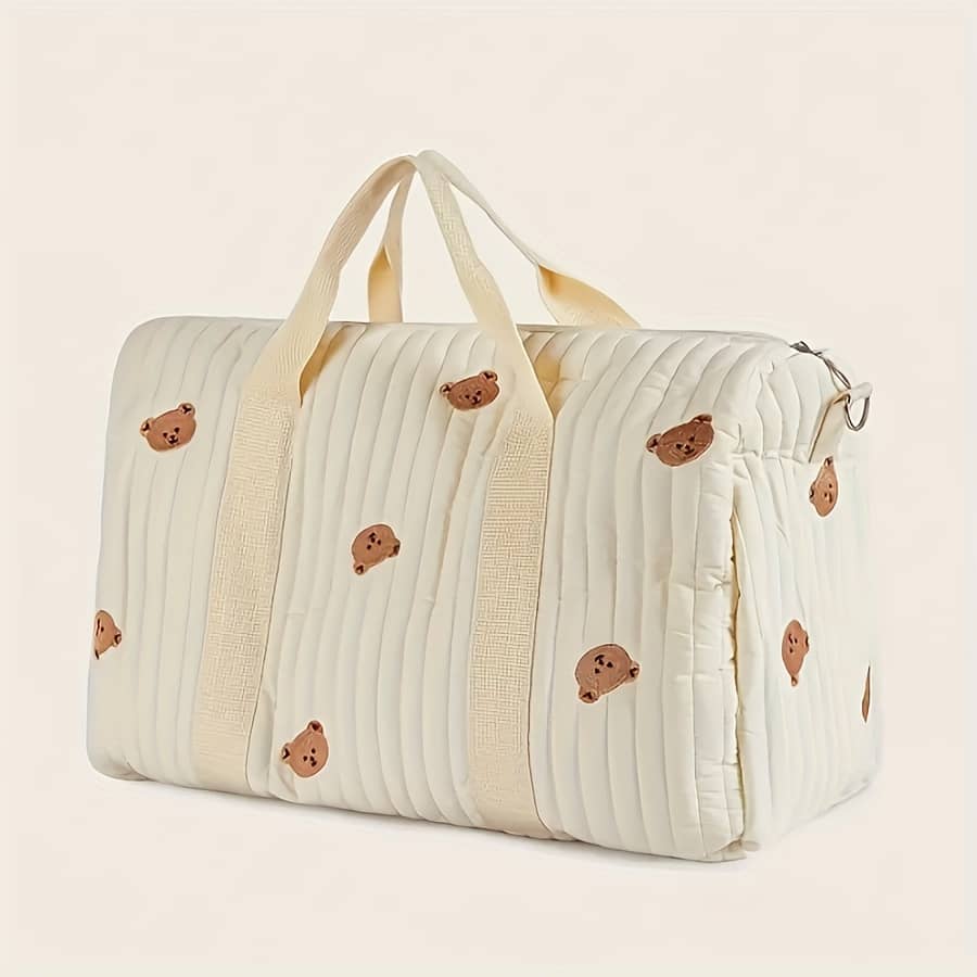 Large Capacity Embroidered Parent Bag With Cute – Polyester, White Travel Organizer For Moms With Multiple Pockets And Soft Handles, Mama Bag Baby Products Shop Online at Dubai Trades 2