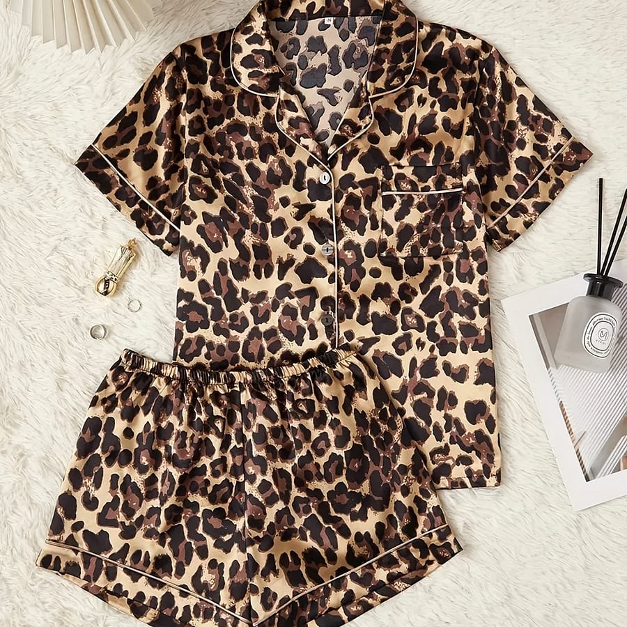 Leopard Print Satin Pajama Set, Casual Short Sleeve Buttons Lapel Top & Elastic Shorts, Women’s Sleepwear Clothing Shop Online at Dubai Trades 2