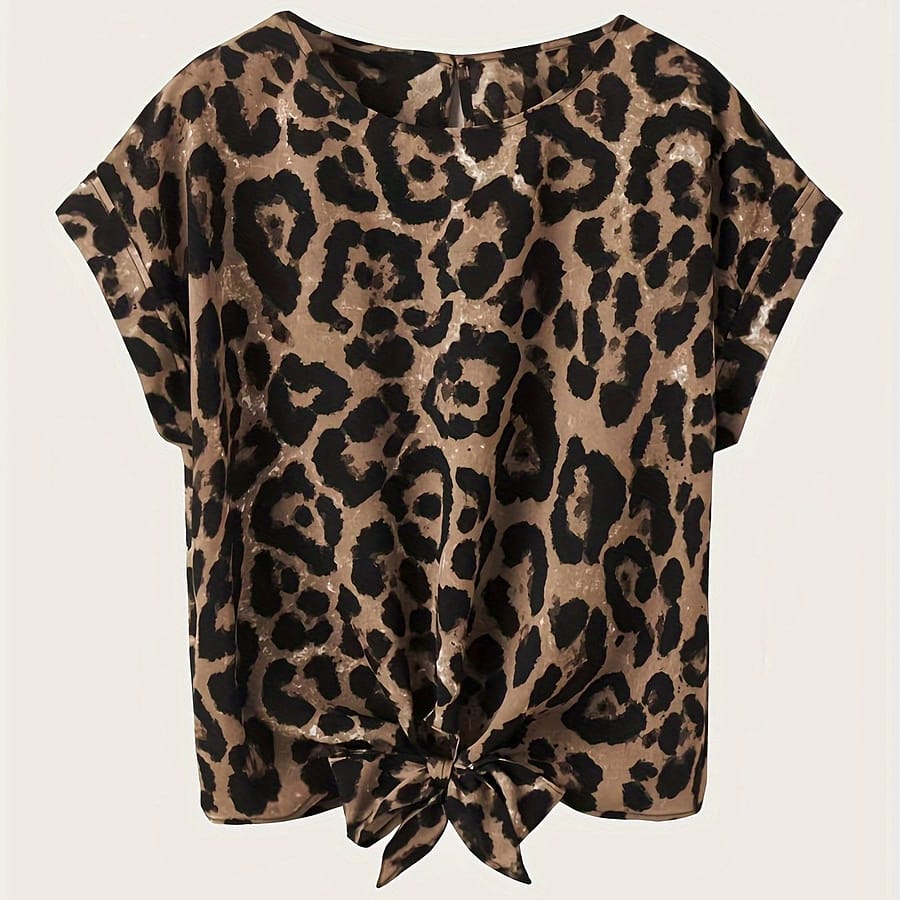 Leopard Print Tie Front Blouse, Casual Crew Neck Blouse For , Women’s Clothing Blouses Shop Online at Dubai Trades 2