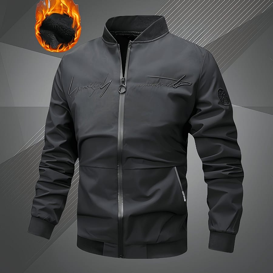 Letter Embroidery And Label Stand Collar Zip Up Casual Jacket For Men, Winter And Fall Fleece Jacket For Business And Outdoors Wear Civil Service Shop Online at Dubai Trades 2
