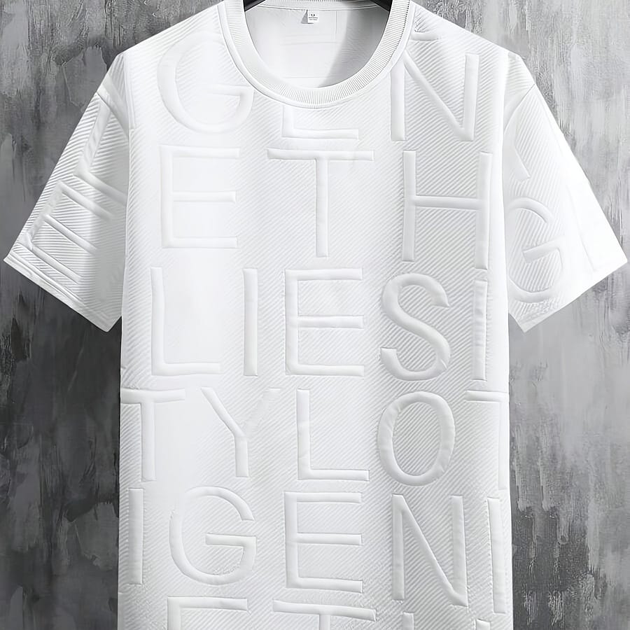 Letter Pattern Textured And Knit Men’ Color Short Sleeve Crew Neck T-shirt, Trendy And Chic Tops For Men, For Summer Active Shop Online at Dubai Trades 2