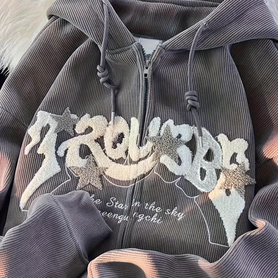 Letter Pattern Zip-up Drawstring Hoodie, Casual Long Sleeve Slant Pockets Jacket, Women’s Clothing Clothing Shop Online at Dubai Trades 2