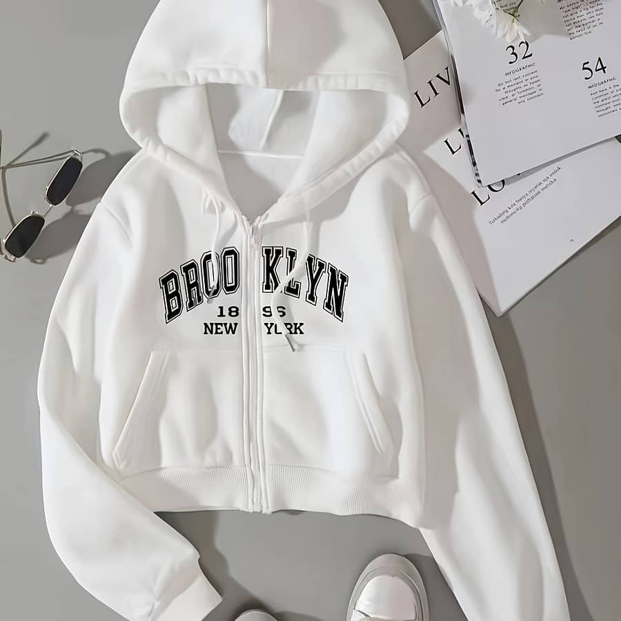 Letter Print Drawstring Sweatshirt Jacket, Full Zipper Fleece Liner Hooded Coat, Women’s Activewear – Fall & Winter Active Shop Online at Dubai Trades 2