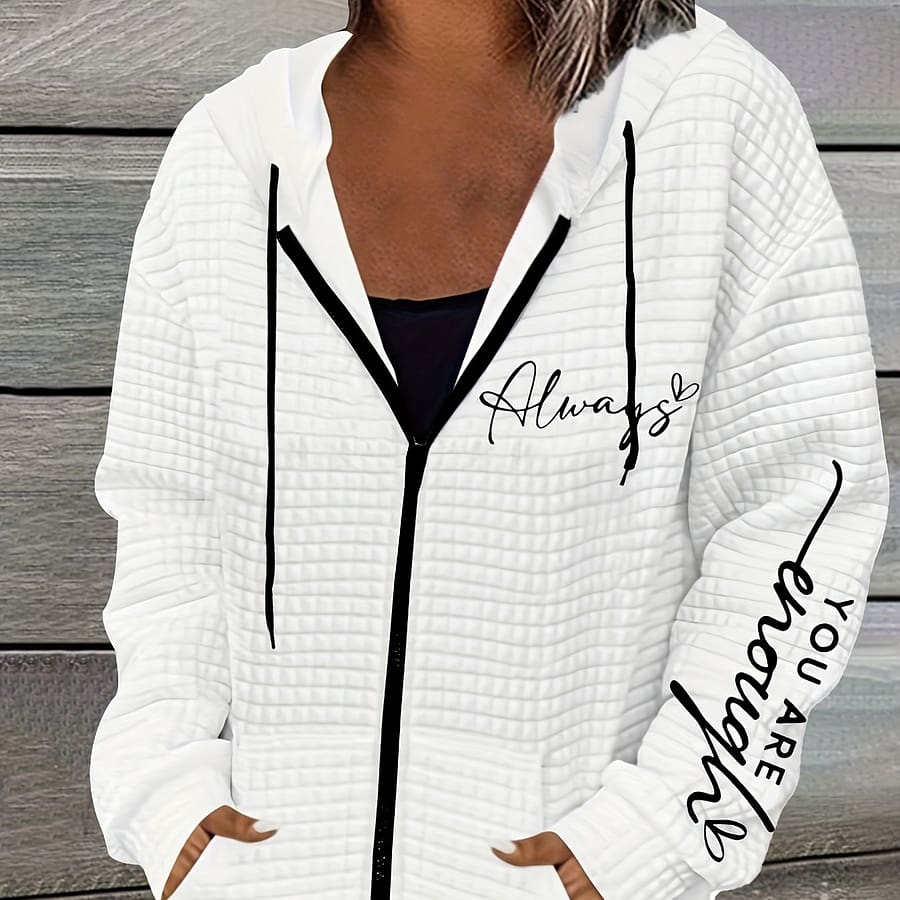 Letter Print Zipper Dual Pockets Hoodie, Casual Long Sleeve Drawstring Hoodies Sweatshirt, Women’s Clothing Casual Jackets Shop Online at Dubai Trades 2