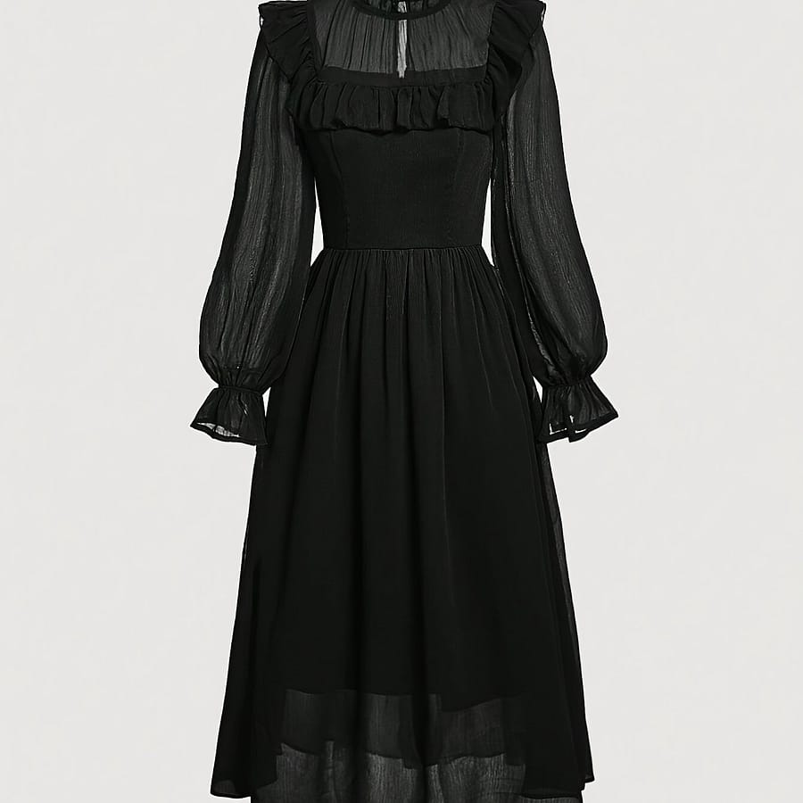Long Sleeve Solid Color Dress, Elegant Square Neck A-line Midi Dress For Fall & Winter, Women’s Clothing Clothing Shop Online at Dubai Trades 2
