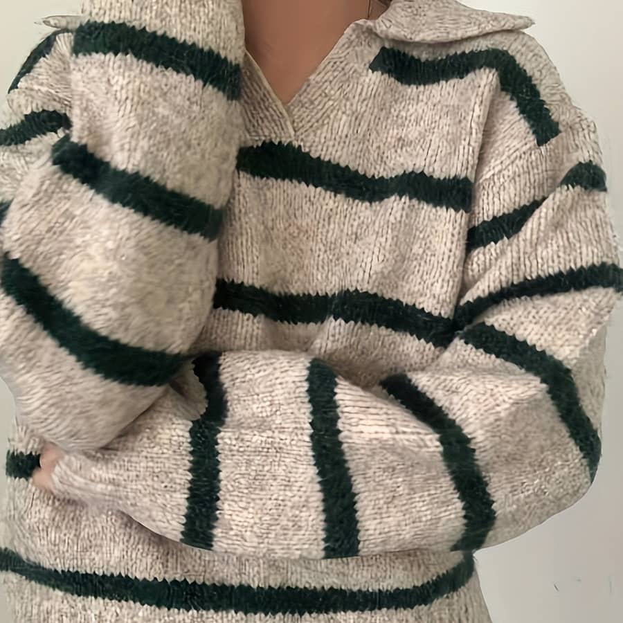 Loose-fitting Long-sleeve Striped Sweater With A Lapel That The Figure, Made Of Thick Blend. Clothing Shop Online at Dubai Trades 2