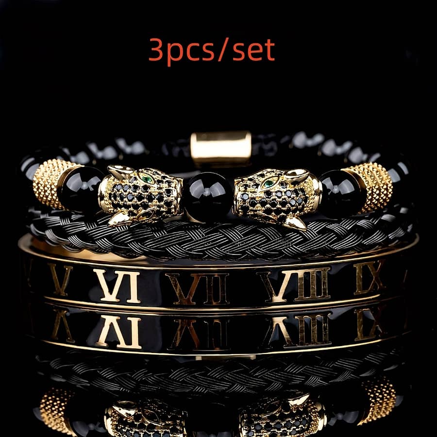 Luxury Bracelet Set For Men Featuring Dual Leopard Heads, Handcrafted Enamel, Roman , And Stone Bead Jewelry With A Rope Clasp. Bracelets Shop Online at Dubai Trades 2