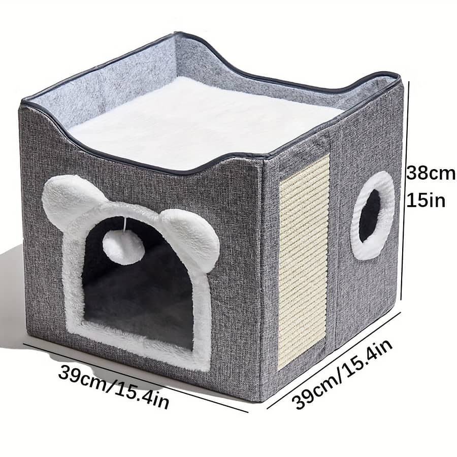 Luxury Double-layer Cat Bed – Enclosed Nest With Sisal Scratching Board & Non-slip Bottom, Foldable Kitty Sofa For Indoor Cats And Small Dogs, Grey, Cat House, , Universal Beds & Furniture Shop Online at Dubai Trades 2