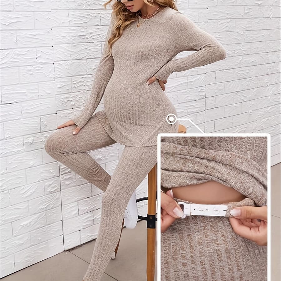 Maternity Suit Spring Casual Top And Adjustable Elastic Waist Pants Two-piece Maternity Clothes Women’s Maternity Clothes Clothing Sets Shop Online at Dubai Trades 2