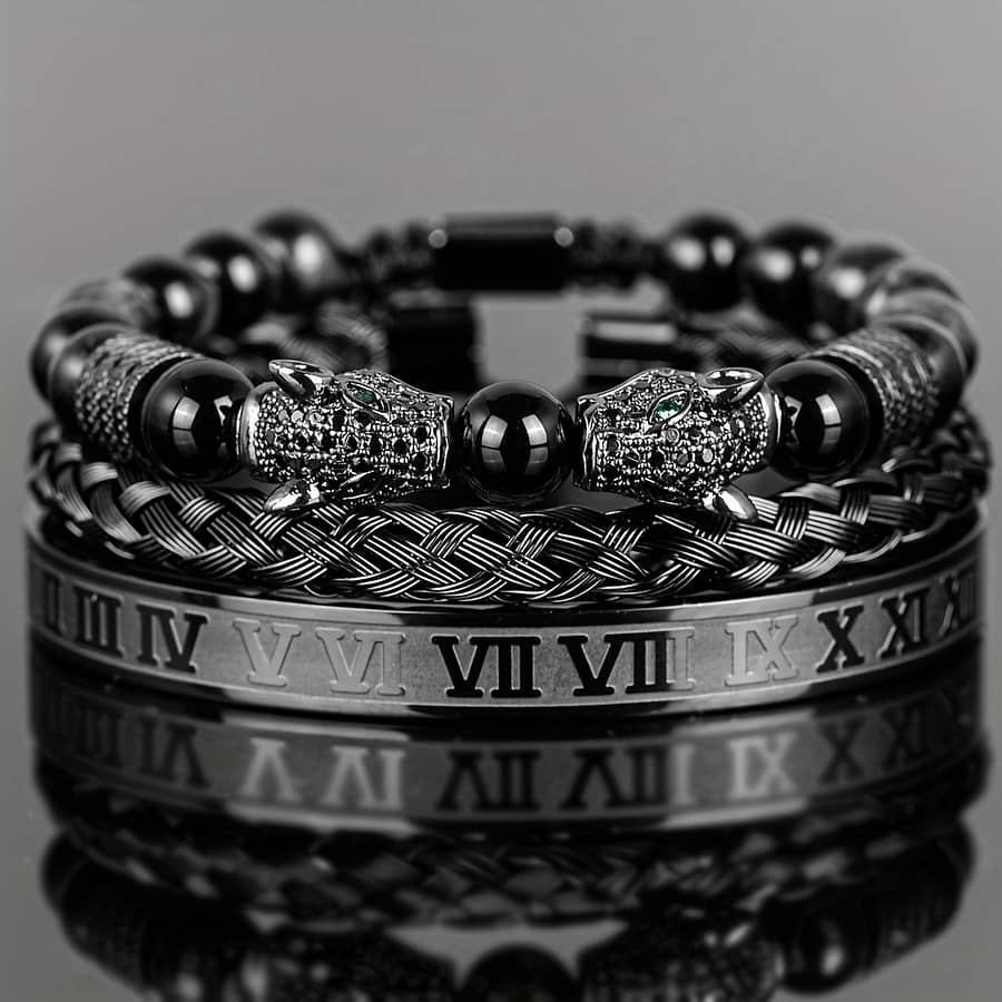 Men’ Agate Bead Double Leopard Head Braided Bracelet Roman Numeral Bracelet Set European And Style Bracelets Shop Online at Dubai Trades 2