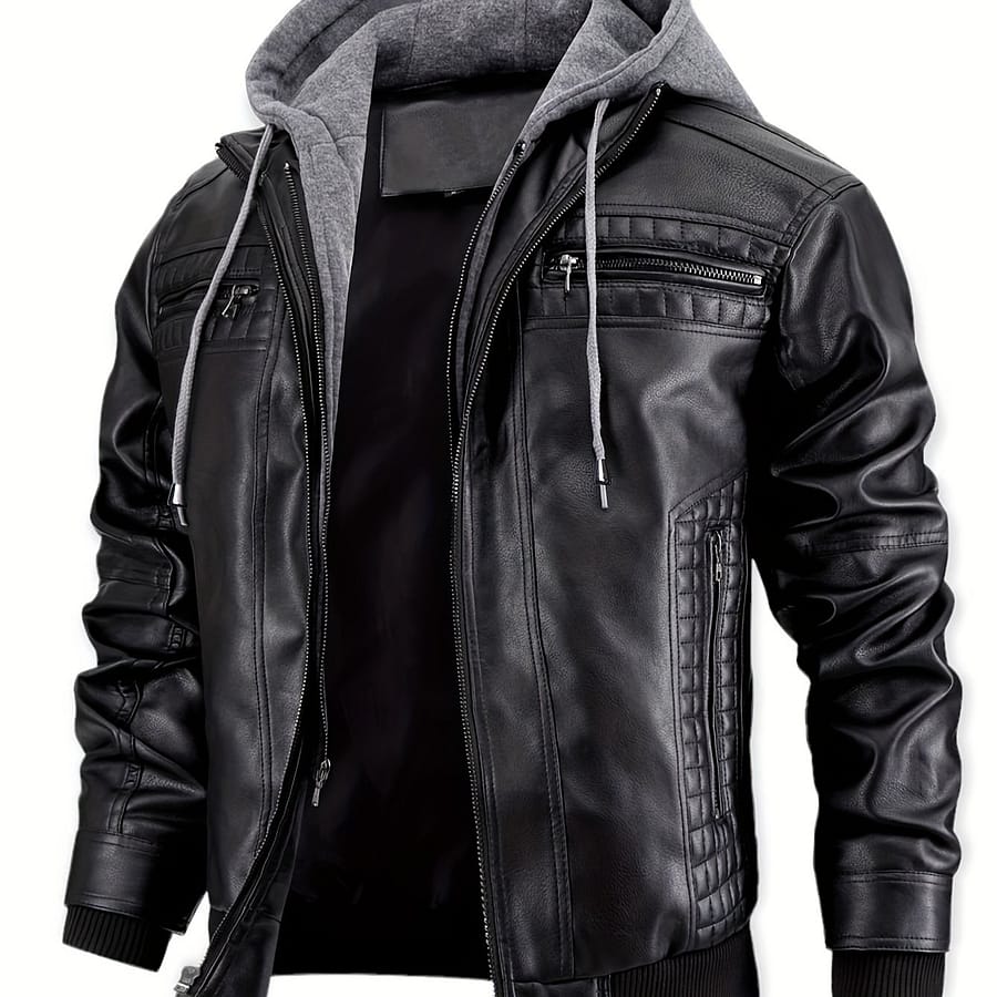Men’ Black Hooded Jacket With Zipper Pockets – Retro Biker Design, Adjustable Drawstring Hood, Multiple Zippers & Studded Details, Casual Streetwear For Men Clothing Shop Online at Dubai Trades 2