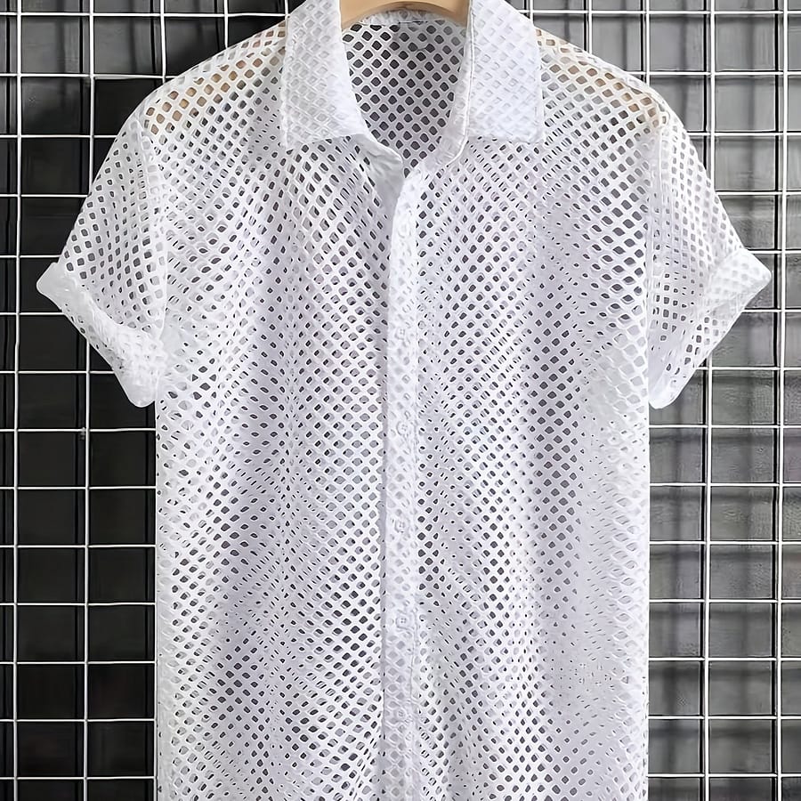 Men’ Hollow Out Lapel Short Sleeve Button Up Shirt For Summer Beach Party, Vacation Active Shop Online at Dubai Trades 2