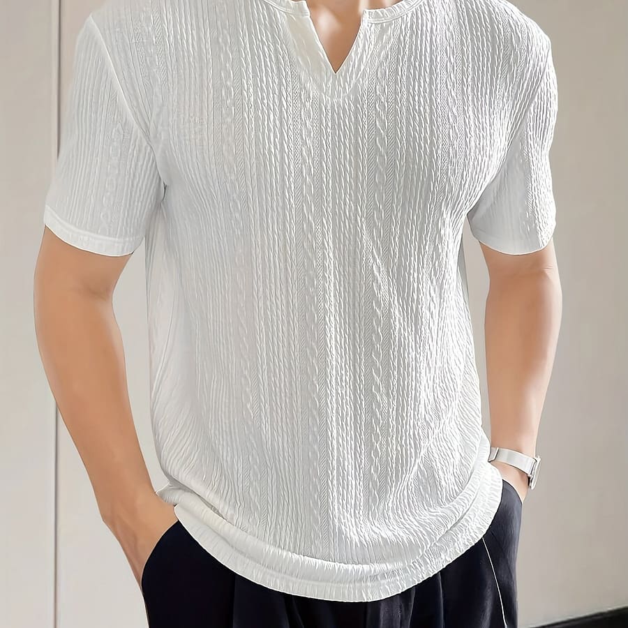 Men’ Pattern Knit V-neck And Short Sleeve T-shirt, Stylish And Trendy Tops Suitable For Summer Leisurewear Clothing Shop Online at Dubai Trades 2