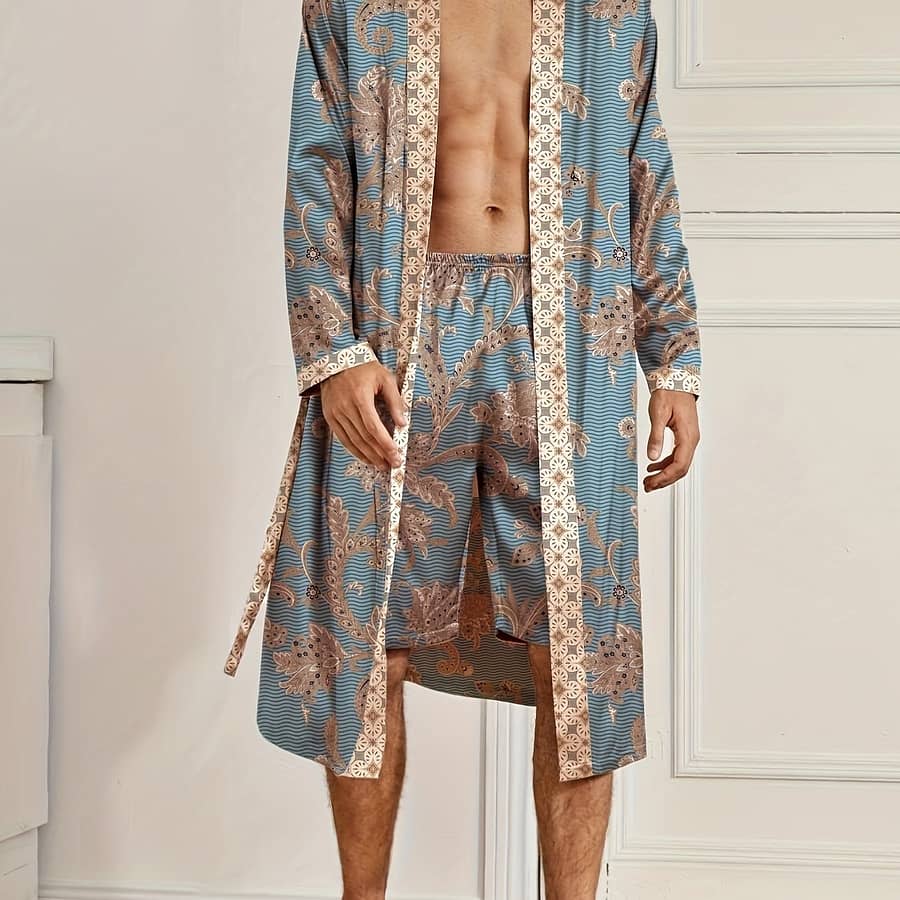 Men’ Robe, Elegant And Light Luxury Pajamas Set, Stylish Gorgeous Floral Print, V-neck Long Sleeve Sleep Robe And Shorts, Sleep Wear Robe Set For Clothing Shop Online at Dubai Trades 2