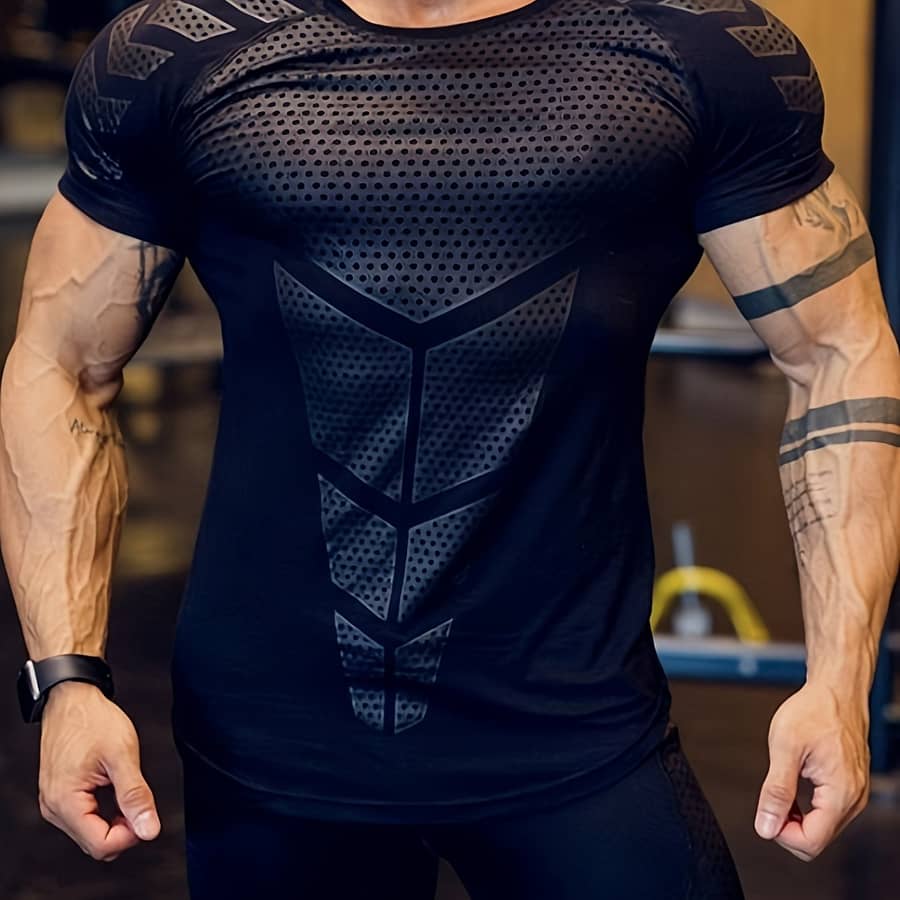 Men’ T-shirt – Breathable, Stretchy Polyester Fabric With Dynamic Print, Round Neck, Short Sleeve – Ideal For Gym, Running & Fitness Enthusiasts Base Layers & Compression Shop Online at Dubai Trades 2