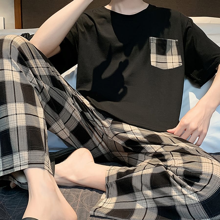 Men’s 2 Pcs Elegant And Suit – Simple Plaid Pocket Short Sleeve & Plaid Trousers – Pajama Set For Daily Wearing Clothing Shop Online at Dubai Trades 2
