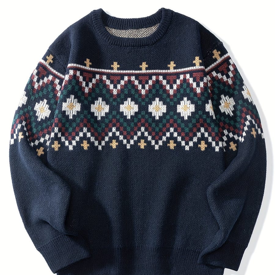 Men’s Autumn And Winter Geometric Pattern Knit Crew Neck Long Sleeve Sweater, Chic And Trendy Tops For Outdoors And Holiday Leisurewear Clothing Shop Online at Dubai Trades 2