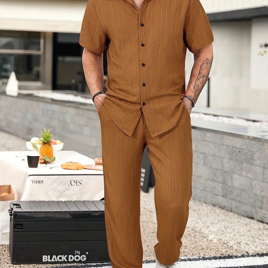 Men’s Casual 2-piece Outfit, Summer Solid Color Shirt & Pants Set, Comfy Button Up Shirt, Breathable Drawstring Pants Active Shop Online at Dubai Trades 2